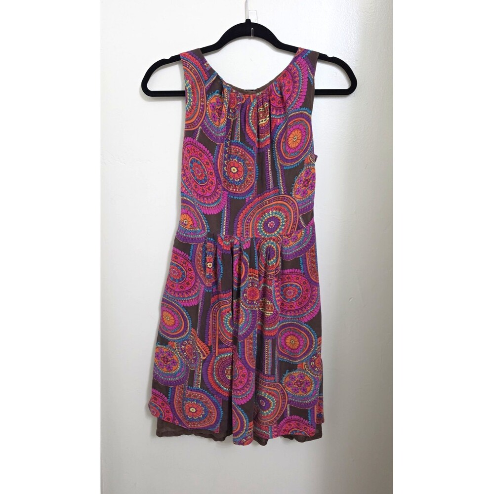 Trina Turk 100% Silk Dress 0 XS Brown Medallion Print Fit Flare Sleeveless